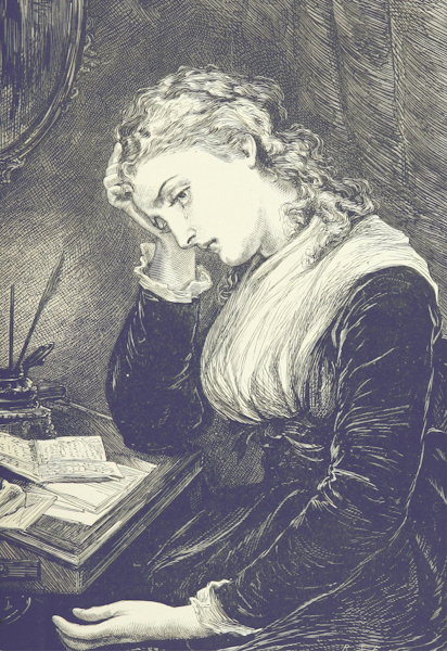 Historic illustration of a woman sitting in sorrow at a desk