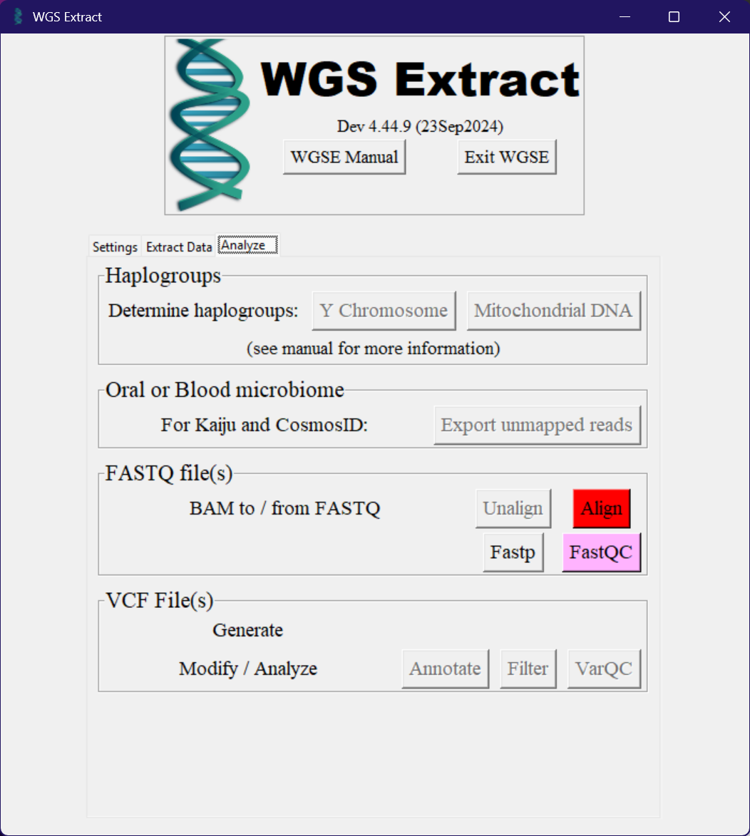 The Analyze tab of WGS Extract