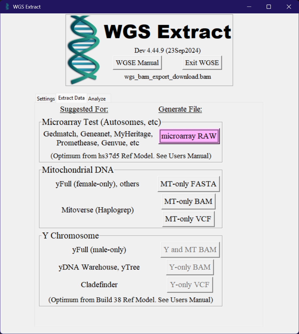 The Extract Data tab in WGS Extract