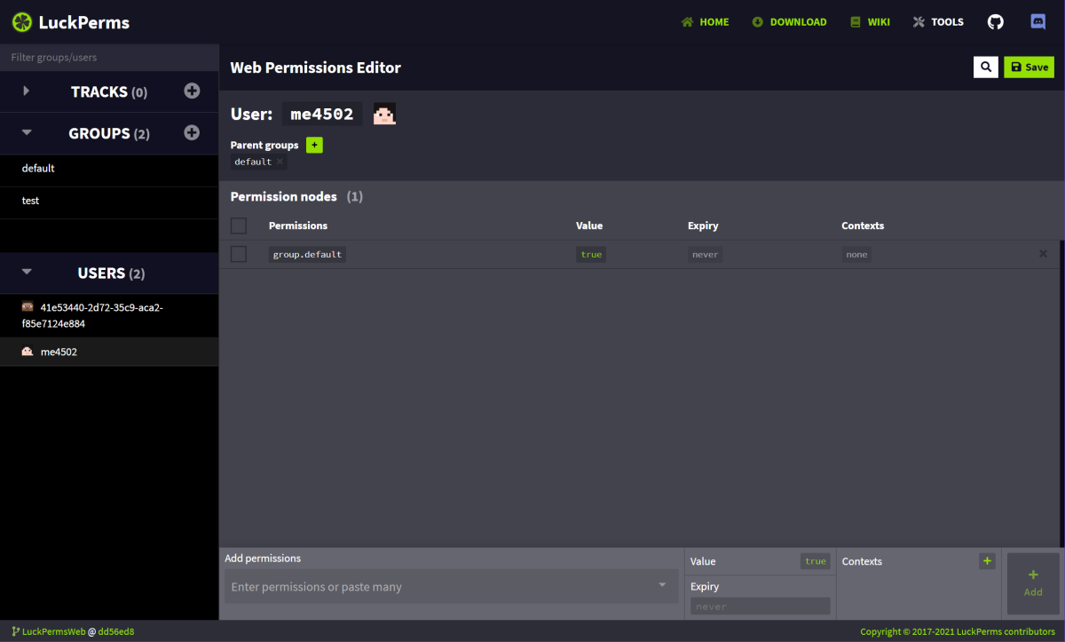 The LuckPerms web editor, showing the permission nodes screen for the user Me4502