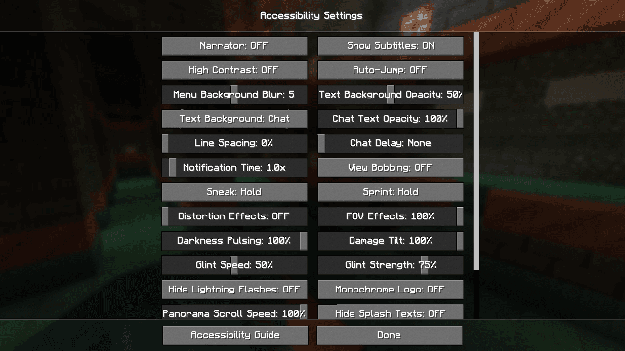 Minecraft’s accessibility settings Minecraft’s accessibility settings