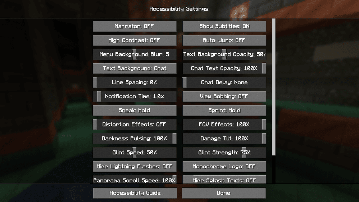 Minecraft’s accessibility settings Minecraft’s accessibility settings